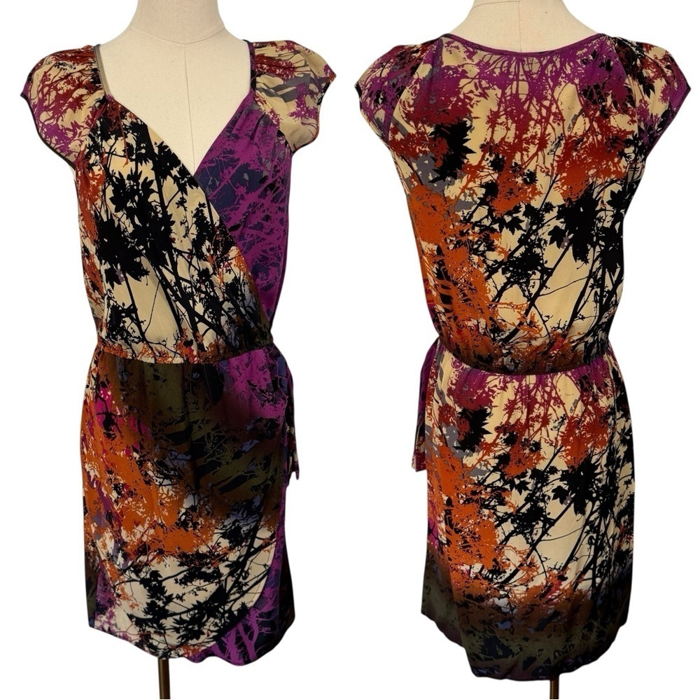 Charlie Jade 100% Silk Wrap Dress Sz S Dark Neutrals Floral Short Sundress EUC